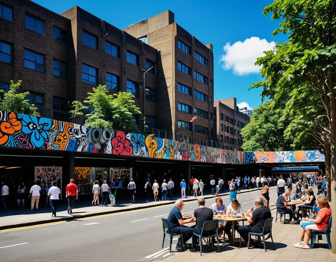 A vibrant cityscape of Barbican featuring the iconic Barbican Centre, surrounded by colorful street art and cheerful locals enjoying the sunshine. Include elements like laughter, music, and greenery to symbolize joy and culture. Capture the essence of community with people engaging in artistic activities. super-realistic. vibrant colors. sunny atmosphere.