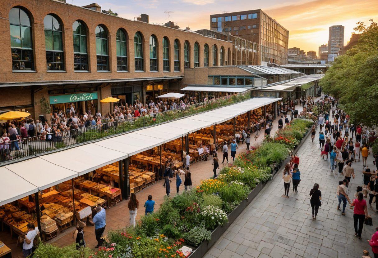 A bustling scene in the Barbican, showcasing diverse groups of people engaging in street markets, enjoying outdoor performances, and painting murals. The architecture should reflect a blend of modern and historical styles, creating a vibrant atmosphere filled with flowers and greenery. Include a lively sunset in the background, casting warm tones across the scene. Illustrate joy, community, and cultural richness. super-realistic. vibrant colors.