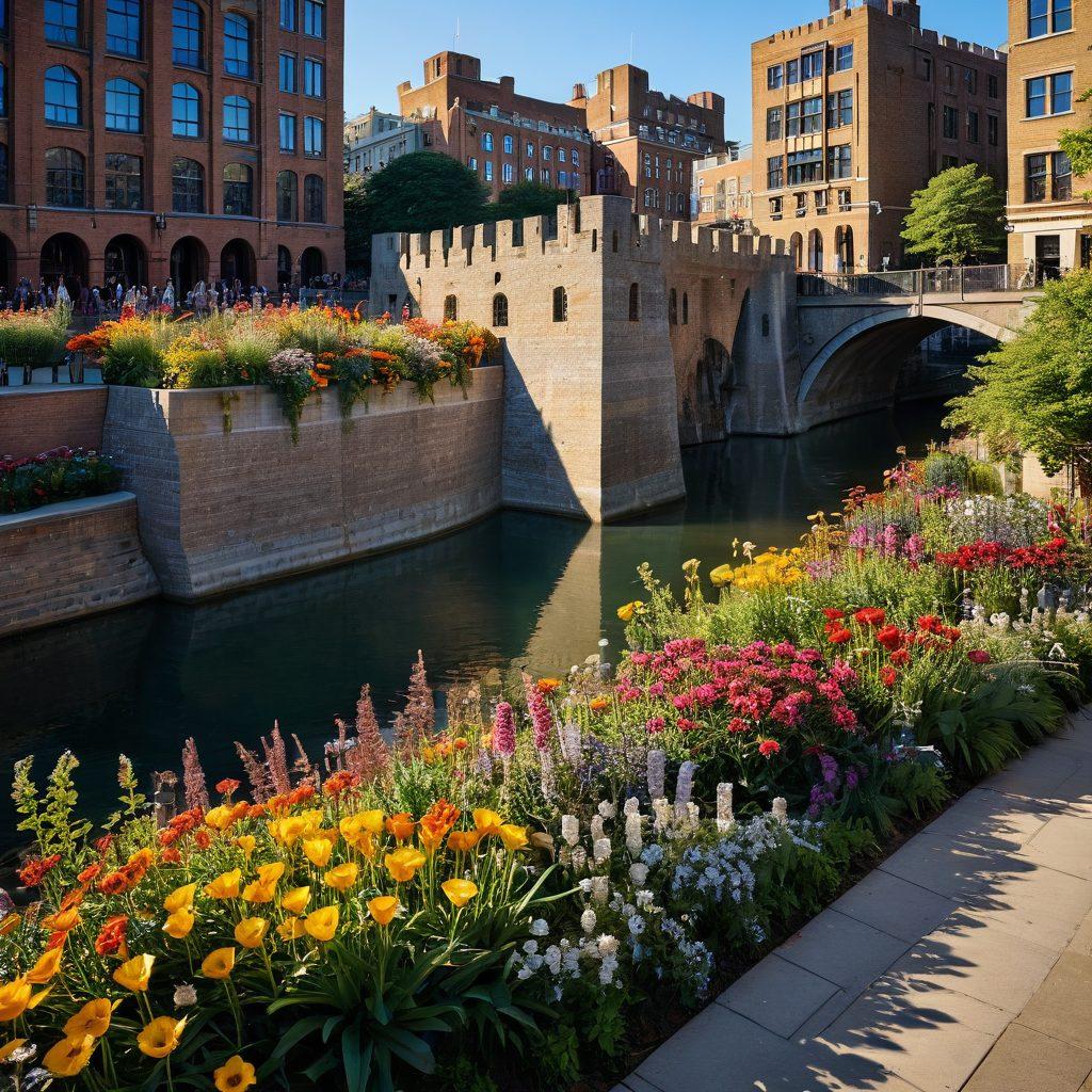 A captivating scene of the Barbican's historic fortress with vibrant flowers blooming in the foreground, symbolizing its transformation into a cultural hub. The fortress should be bathed in golden sunlight, showcasing its architectural details and the surrounding urban landscape filled with art installations and diverse people enjoying the space. The mood is lively and inviting, encapsulating the essence of urban delight. super-realistic. vibrant colors. 3D.